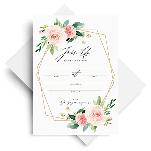 Bliss Collections All Occasion Invitations with Envelopes, Geometric Floral, Cards for Your Wedding, Reception, Bridal or Baby Shower, Engagement and Birthday Party, 5&#x22;x7&#x22; (25 Invitations and Envelopes)