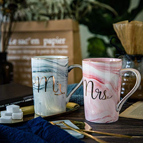 Mr and Mrs Coffee Mugs - Wedding Gifts for Bride and Groom - Gifts for Bridal Shower Engagement Wedding and Married Couples Anniversary - Ceramic Marble Cups 14 Oz Pink