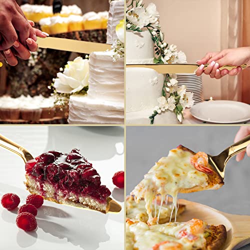 Cake Cutting Set for Wedding, Elegant Knife and Server with Thickened Stainless Steel Rounded Edges, Cutter Pie Spatula Birthday Anniversary Christmas Gift of 2, Gold