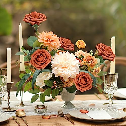AmyHomie Artificial Flowers Burnt Orange Rose 25pcs Real Looking Fake Roses w/Stem for Fall Decor DIY Wedding Bouquets Centerpieces Arrangements Party Baby Shower Home Decorations