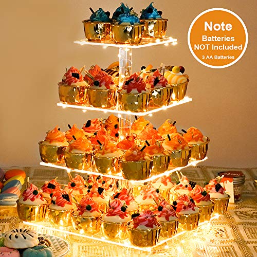 YestBuy 4 Tier Cupcake Stand Acrylic Tower Display with LED Light Premium Holder Dessert Tree Tower for Birthday Cady Bar D&#xE9;cor Weddings, Parties Events (Yellow Light)