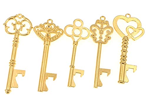 50pcs Skeleton Key Bottle Opener Wedding Party Favor Souvenir Gift with Escort Tag and Jute Rope (Gold Tone,5 styles)