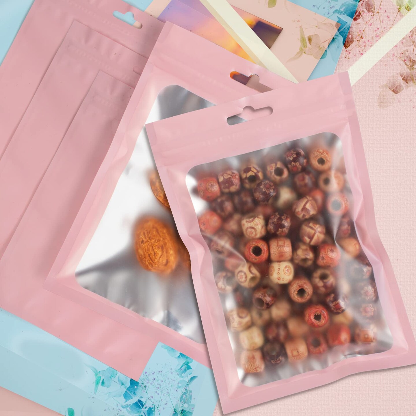 100 PCS Resealable Mylar Bags with Zip and Clear Window Smell Proof Bags Packaging Bags Foil Pouch Zip Bags for Food Self Sealing Storage Supplies (Pink, 2.75×3.93 inches)