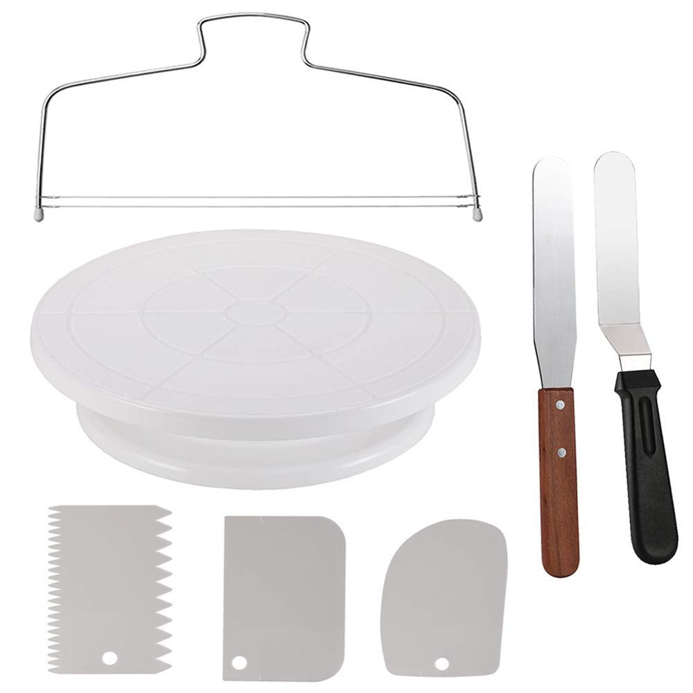 7 Pieces Cake Decorating Turntable,Cake Decorating Supplies with Decorating Comb/Icing Smoother(3pcs),2 Icing Spatula with Sided &#x26; Angled &#x2026; (White)