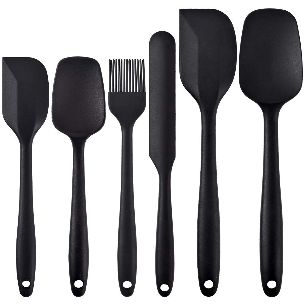 6 Piece Set with One Piece Design, Nonstick Rubber Spatula Kitchen with Stainless Steel Core for Cooking, Baking, and Mixing - Black