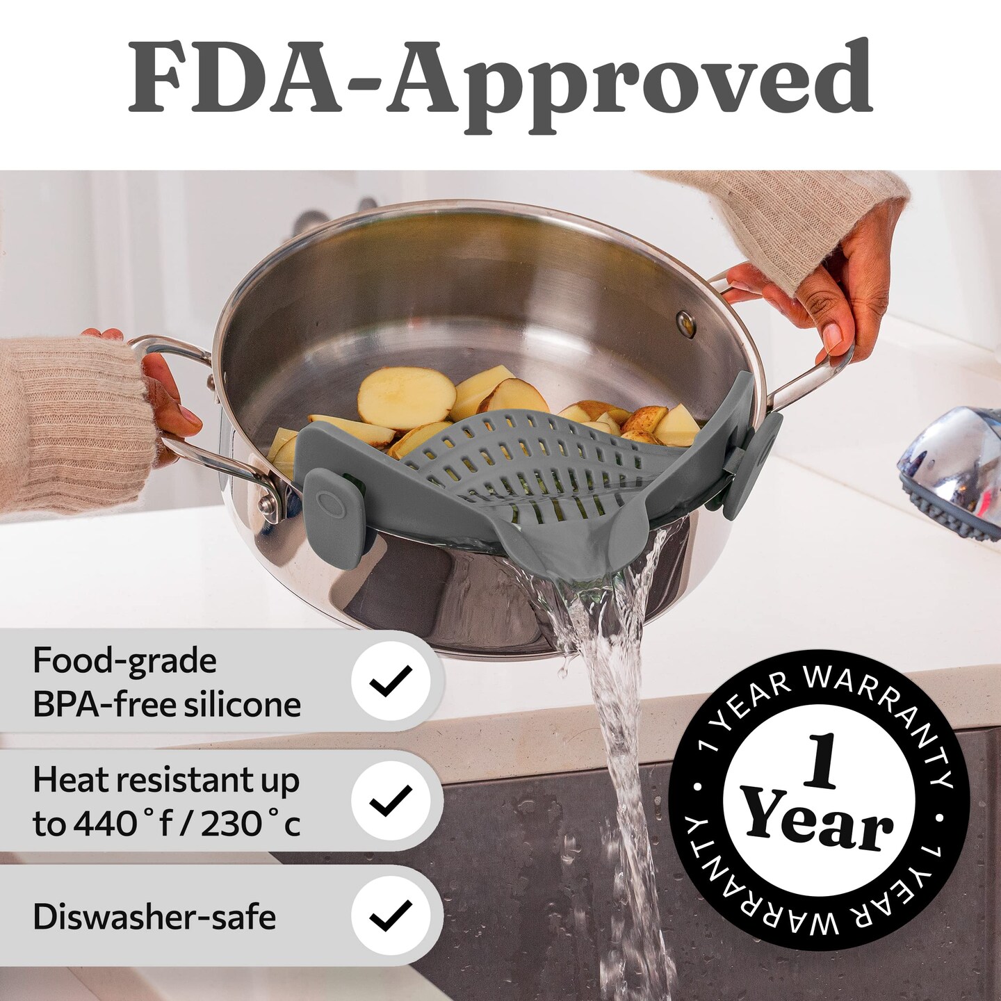 Silicone Clip-On Colander, Heat Resistant Drainer for Vegetables and Pasta Noodles, Kitchen Gadgets for Bowl, Pots, and Pans - Essential Home Cooking Tools - Grey