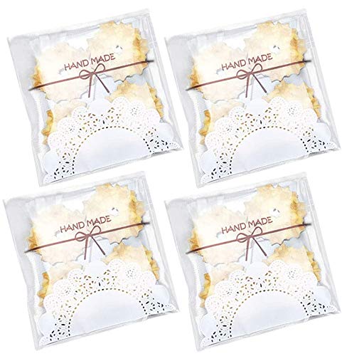 200 Pieces 5.5x5.5in Lovely Lace Bowknot Clear Biscuit Roasting Treat Present DIY Plastic Candy Individual Wrappers Self Adhesive OPP Cookie Bakery Decorating Favor Bags