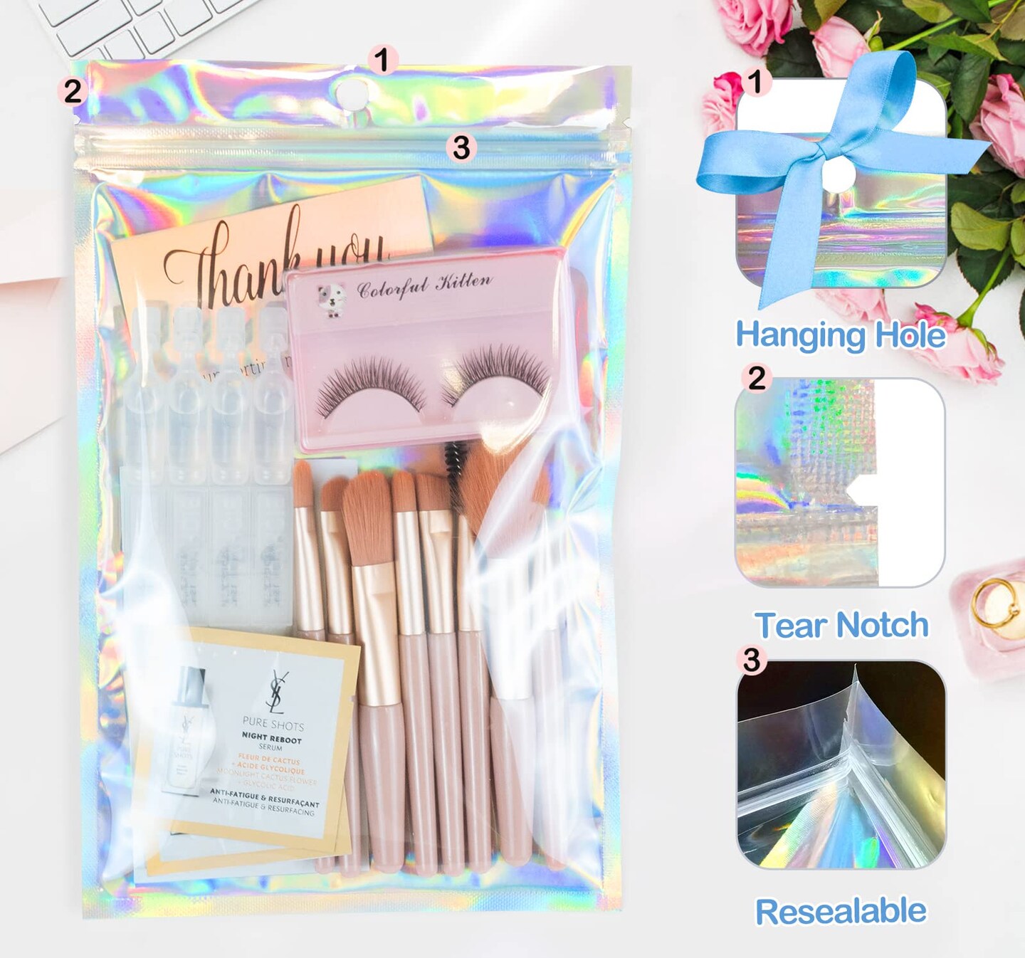 50 Pieces Smell Proof Bags &#x26; Resealable Foil Pouch Mylar Sample Bag Great for Party Favor Food Storage (Holographic Color) (6x9 inch)