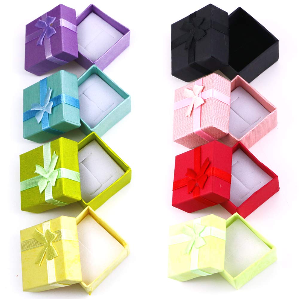 32 Pieces Assorted Jewelry Gifts Boxes, Jewelry Boxes Cardboard Ring Boxes Jewelry Storage Cube Satin Ribbons Bowknot For Anniversaries Weddings Birthdays (8 Colors, 1.57&#x22; x 1.57&#x22; x 1.06&#x22;)