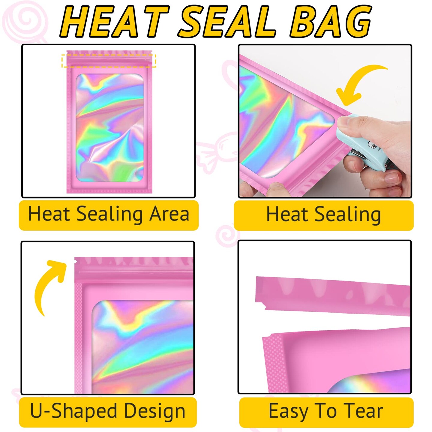 100 Pieces Smell Proof Bag, Packaging Bags, Holographic Mylar Bags, Foil Resealable Bags for Small Business Candy Jewelry Bracelet Party Favor Food Storage Sample Supplies (2.4&#xD7;3.9 Inch, Pink)