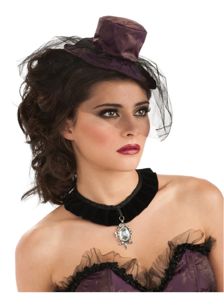 Womens  Purple Mini Micro Small Saloon Costume Hat with Black Netting