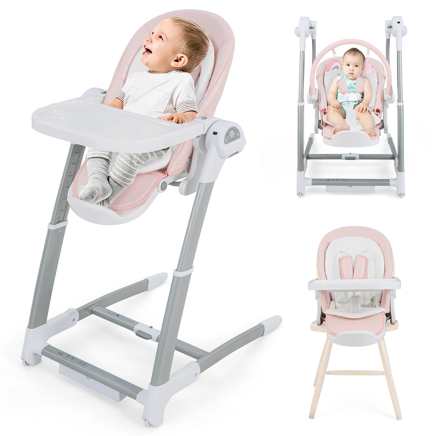 Babyjoy 3-in-1 Baby Swing & High Chair with 8 Adjustable Heights & Music Box Grey/Pink