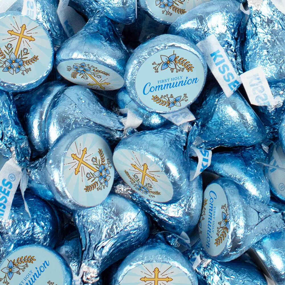 Boy 1st Holy Communion Candy Party Favors (Choose 100 Pcs Milk Chocolate Hershey&#x27;s Kisses, 40 Pcs Wrapped Miniatures or Both) - Blue