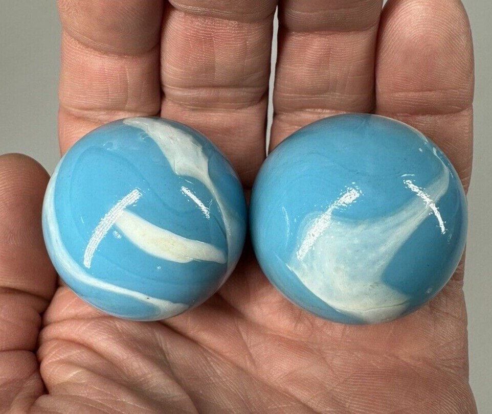 2 BOULDERS 35mm NEPTUNE Marbles Glass Blue/White LARGE HUGE Swirl