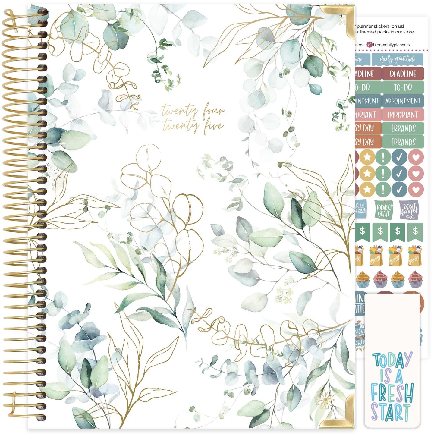 bloom daily planners 2024-25 Hard Cover Planner, 8.5&#x22; x 11&#x22;, Eucalyptus, White