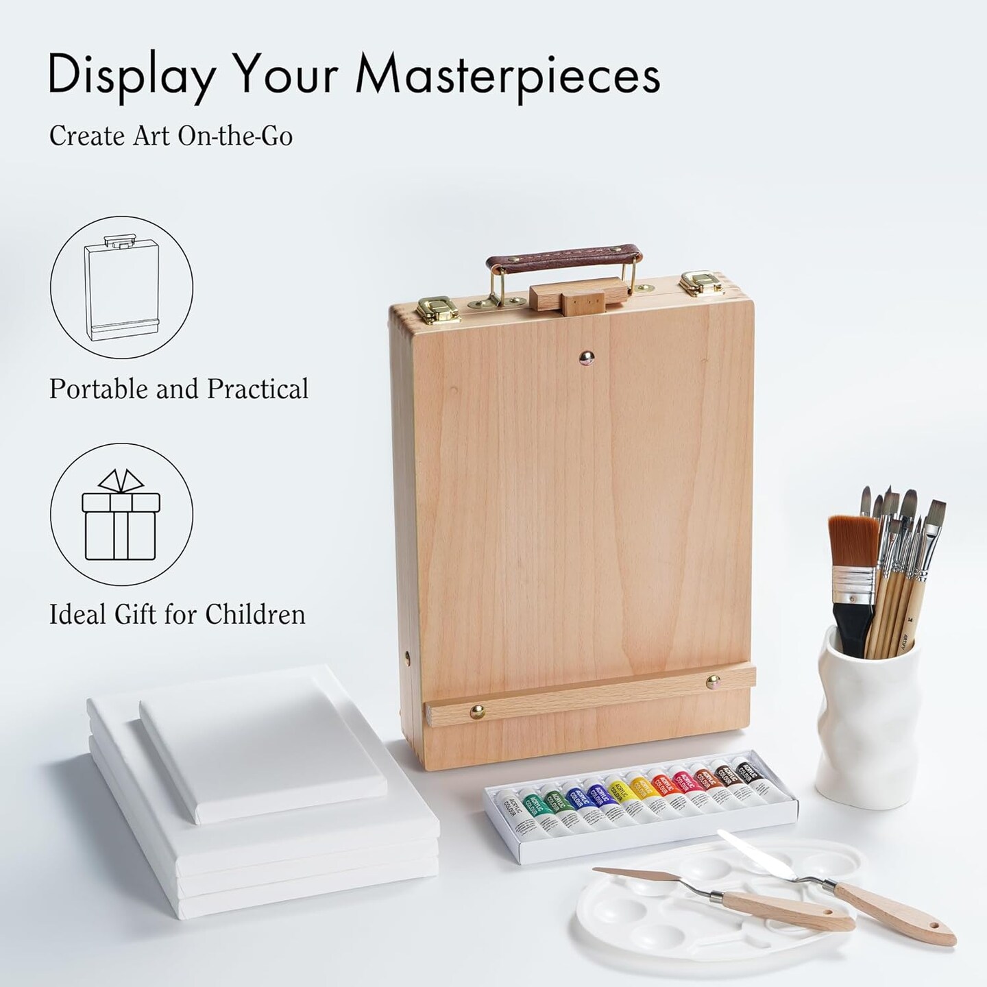 ARTIFY Table Sketch Box Easel Set, Desktop Artist Easel with 12 Colors Acrylic Paints, 13pcs Brushes, 4 Canvas Boards, Plastic Palette and 2 pcs Palette Knives, Gift for Artists, Kids, Adults