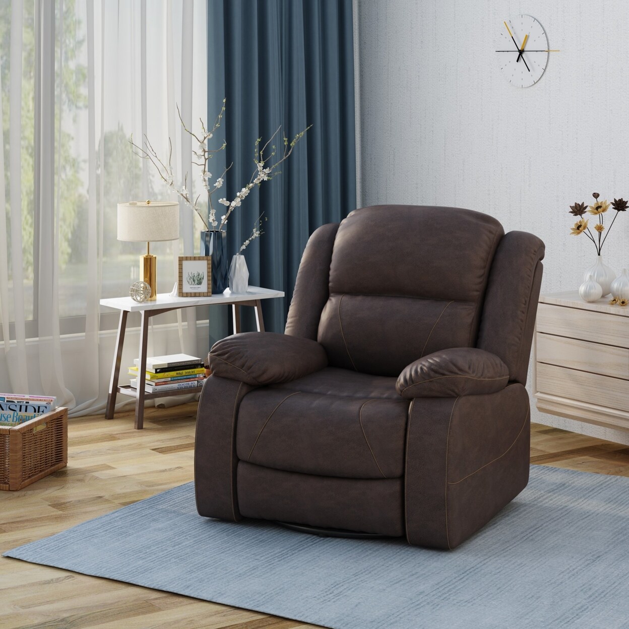 GDFStudio Flora Classic Tufted Leather Swivel Recliner Dark Brown