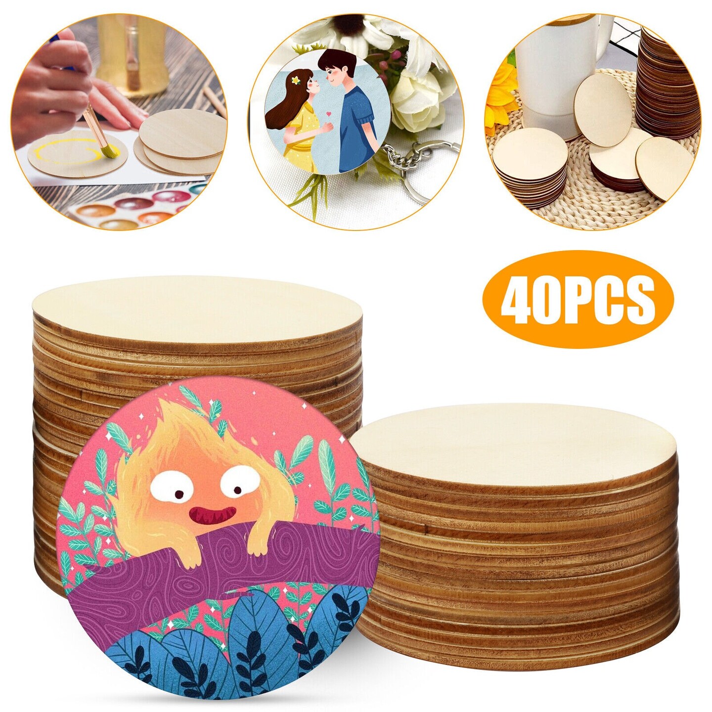 40 Pcs DIY Log Round Wood Chips Unfinished Wooden Circle Coasters Hanging Decor