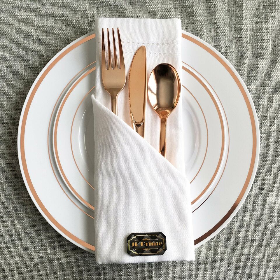 125 Piece Rose Gold Plastic Plates &#x26; Cutlery Set, Heavy Duty Disposable