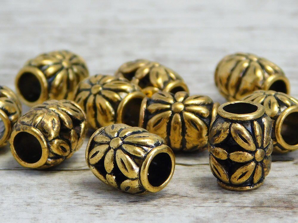 *10* 10x8mm Antique Gold Large Hole Barrel Beads