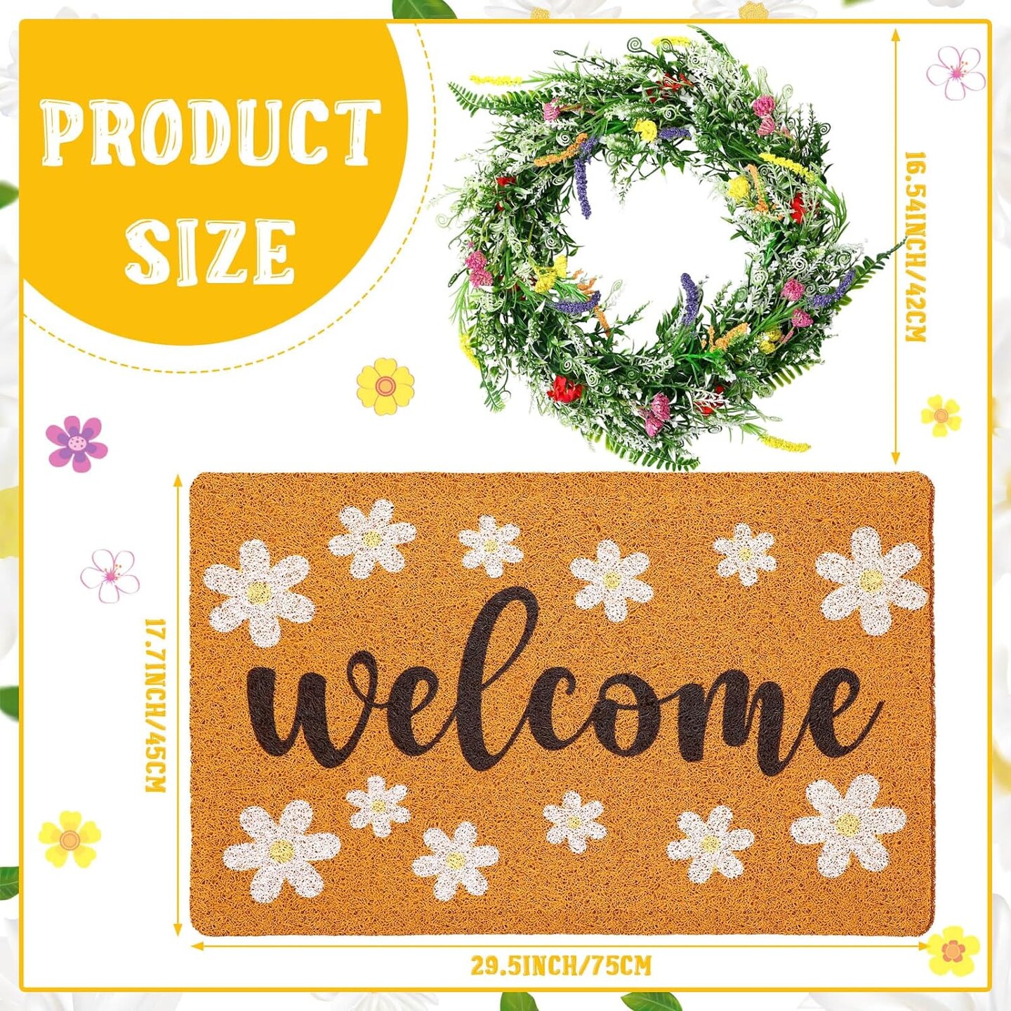 Spring Floral Welcome: Doormat and Wreath Set for a Cheerful Home Entrance