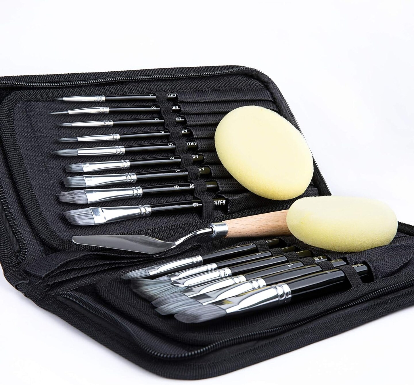 ARTIFY 15 Pieces Paint Brush Set, Intermediate Series, Includes Pop-Up Carrying Case with Palette Knife and 2 Sponges, for Acrylic, Oil, Watercolor and Gouache Painting - Black