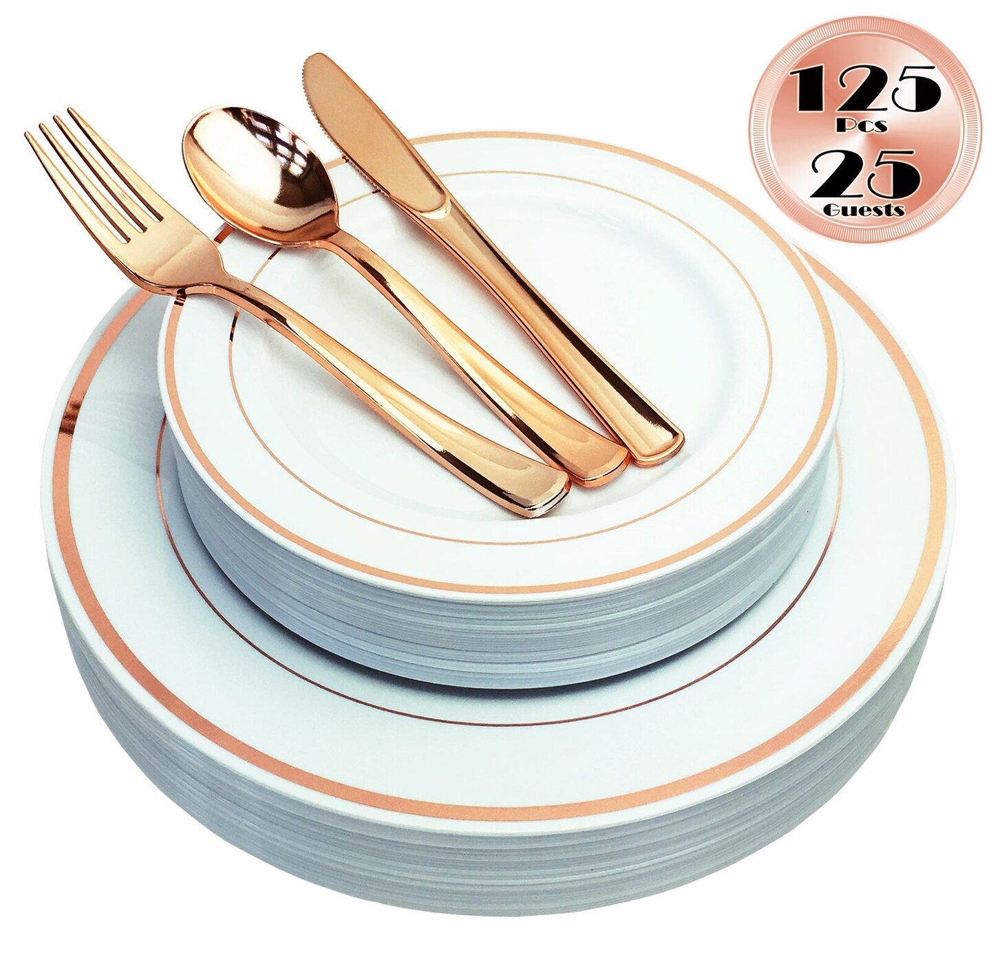 125 Piece Rose Gold Plastic Plates &#x26; Cutlery Set, Heavy Duty Disposable