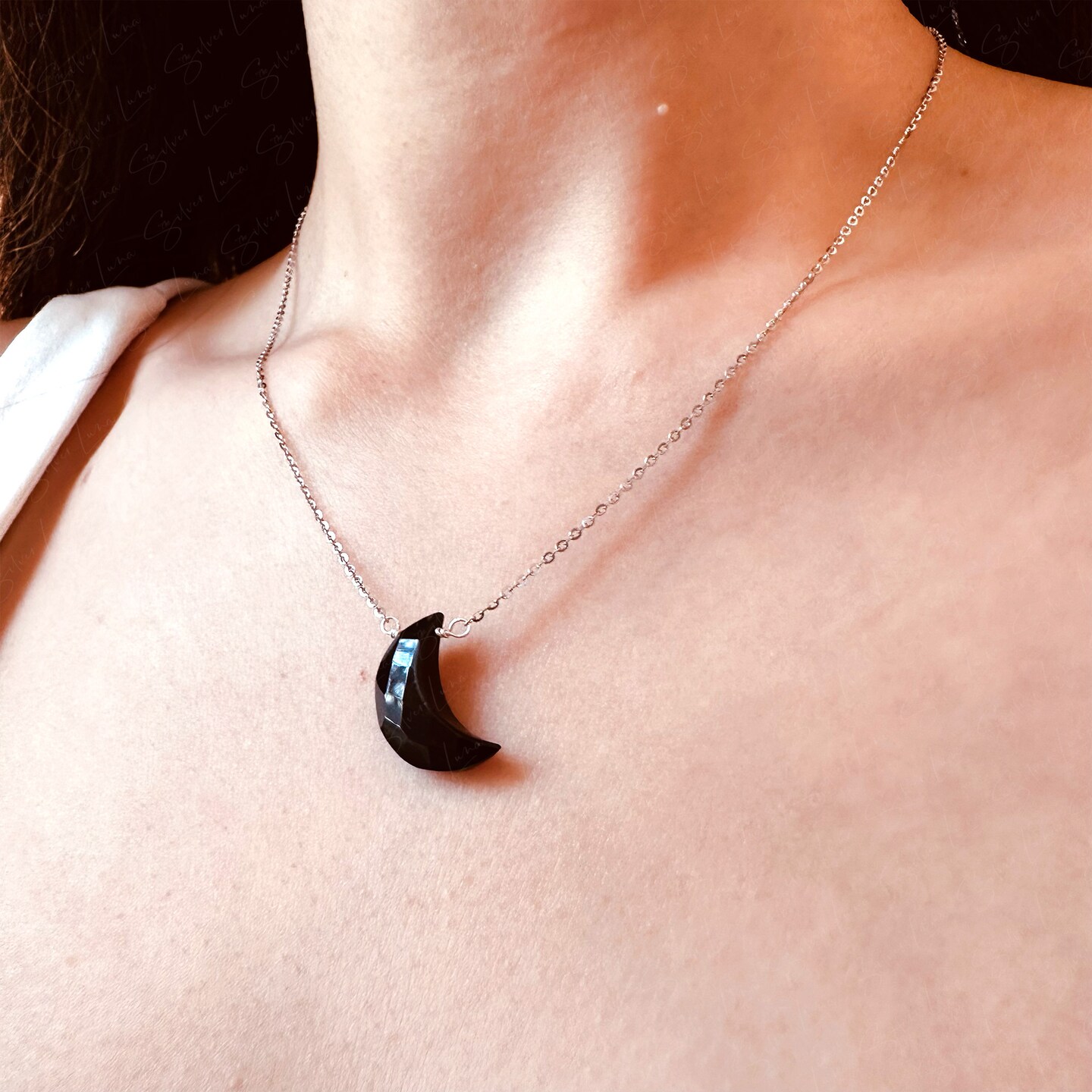 Crescent moon black onyx pendant necklace with 925 sterling silver chain