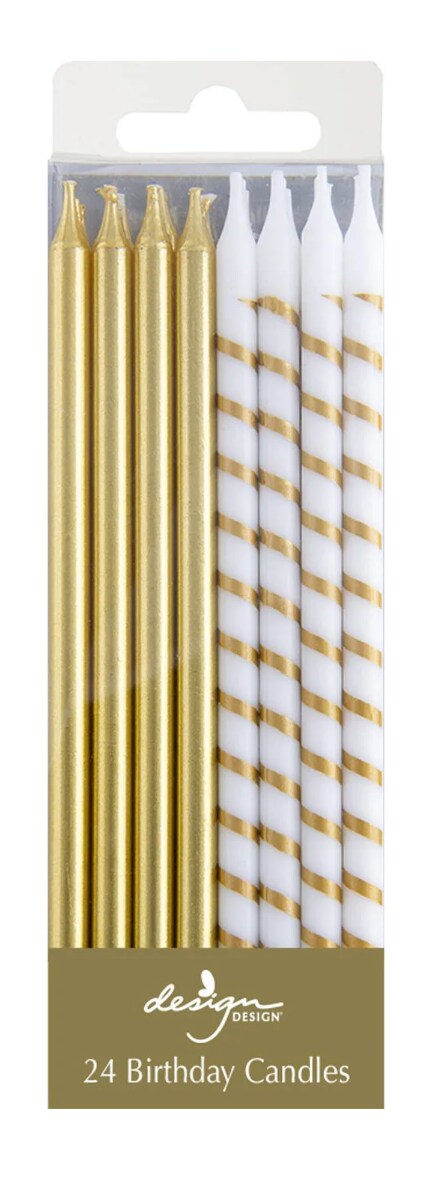 Elegant 5-Inch Gold Solid & Striped Birthday Candles – 24 Pack for Cakes, Parties & Special Celebrations