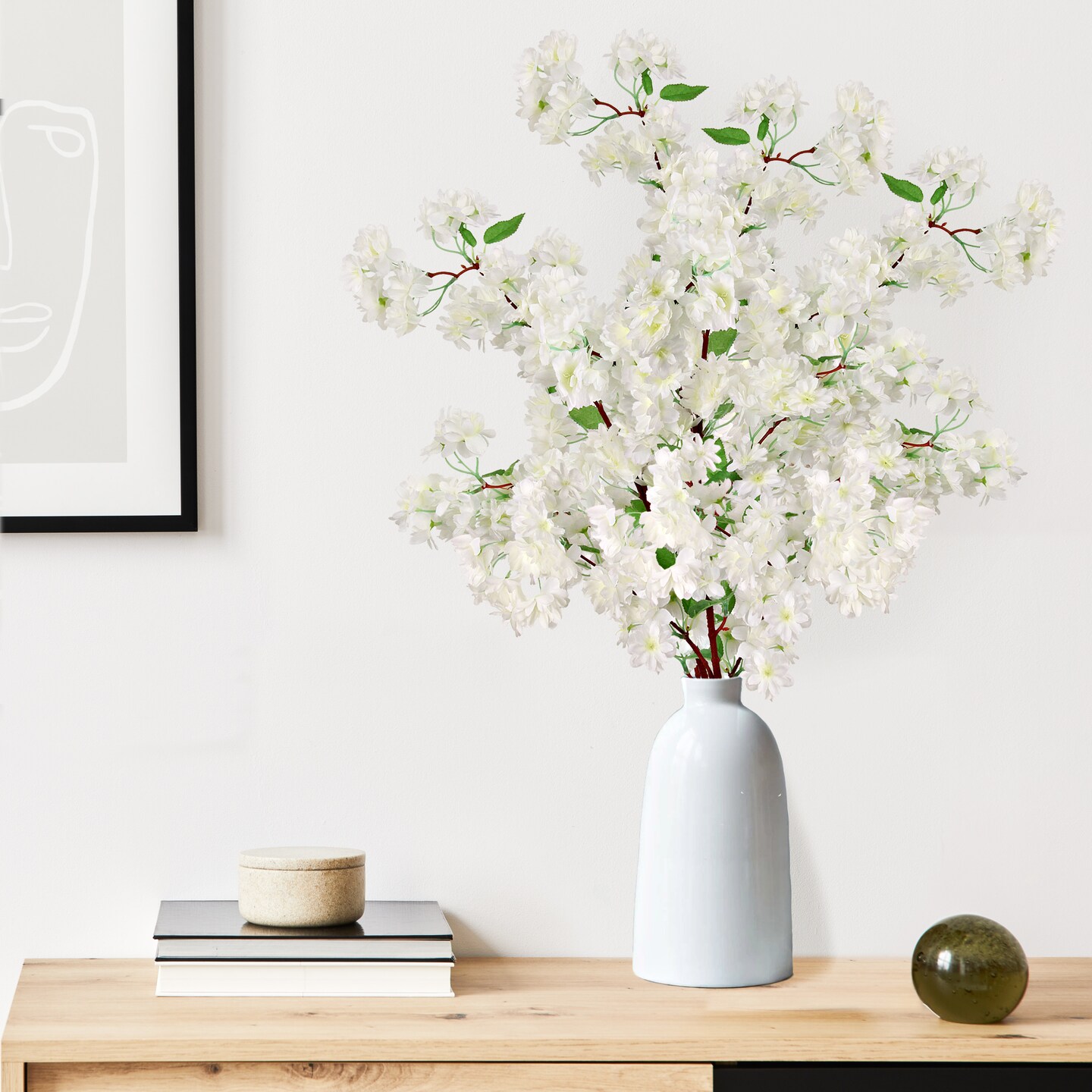 White Cherry Blossom Stem - Set of 3, 40-Inch, Realistic Silk Flowers for Floral Arrangements &#x26; Home Decor by Floral Home&#xAE;