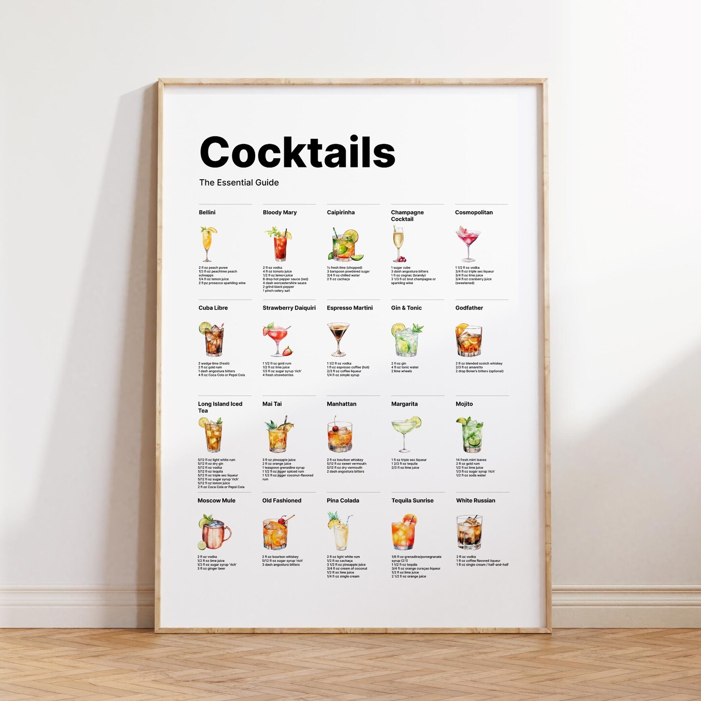 Cocktail Essential Guide Print Cocktails Lover Gift Kitchen Poster ...