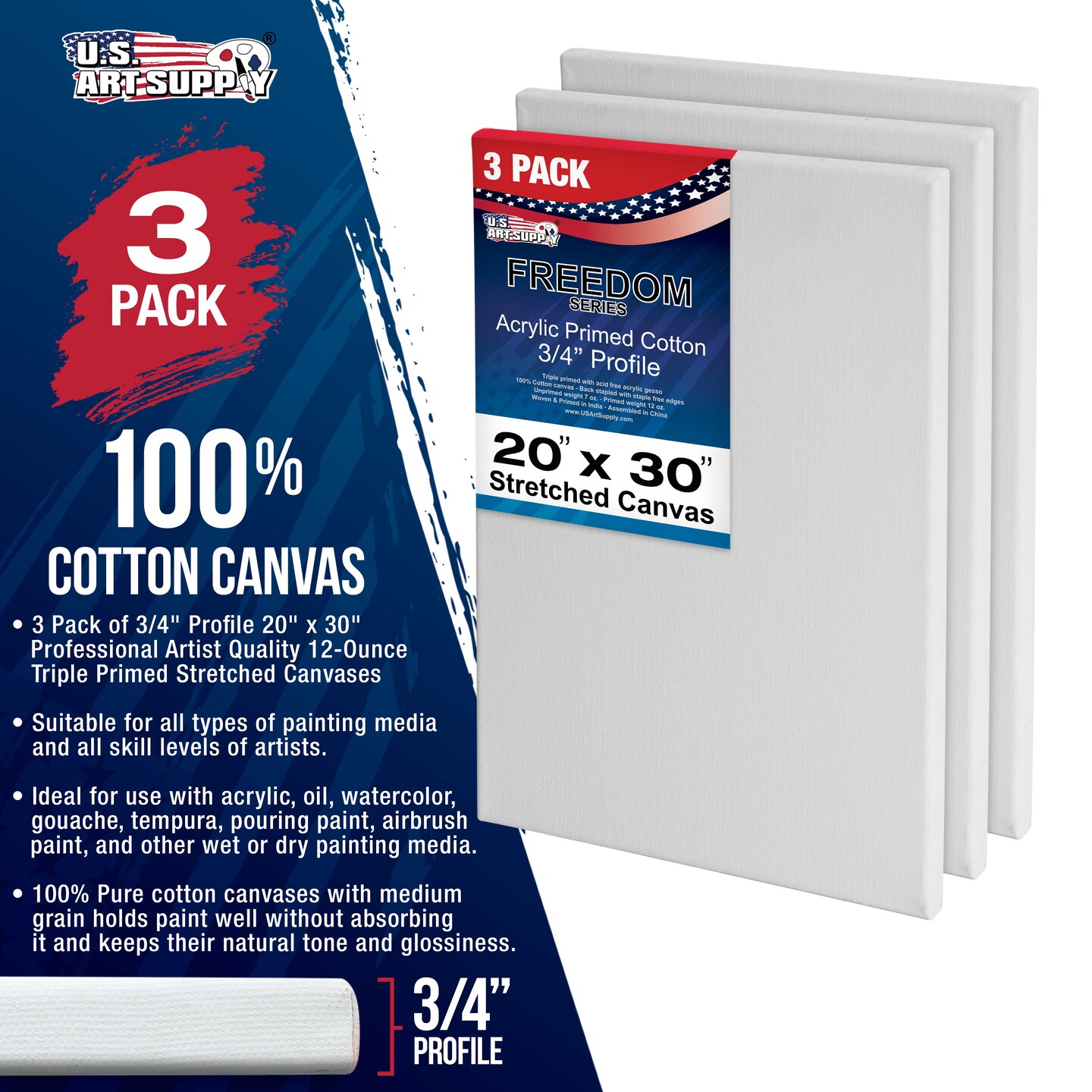 20 x 30 inch Stretched Canvas 12 Ounce Triple Primed 3 Pack