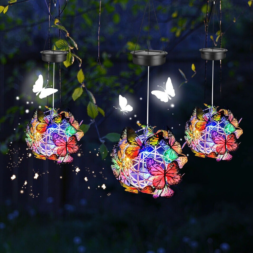 Solar Powered Hanging Butterfly Wind Chime Light Lantern Outdoor Lamp Waterproof