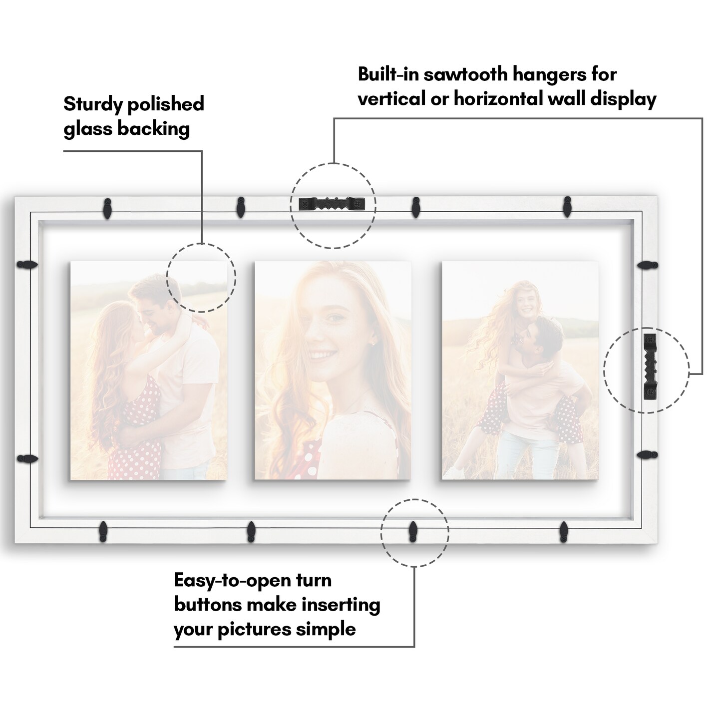 Americanflat Floating Collage Frame - Displays Three Photos with Floating Effect - Shatter Resistant Glass - Hanging Hardware for Horizontal or Verticle Display