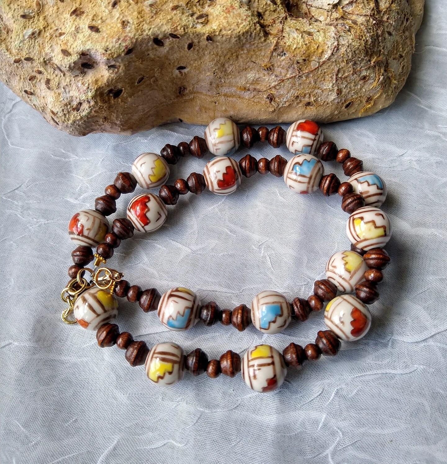 Earthy Natural Necklace for Men or Women Brown Wood Beads and Painted Ceramic Beads product 2