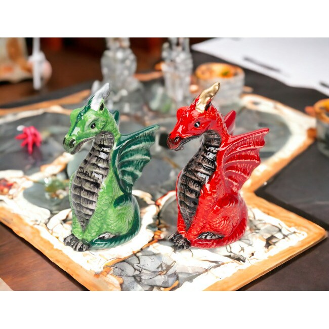 Ceramic Dragon Salt And Pepper Shakers Red Green 4&#x22; Gift