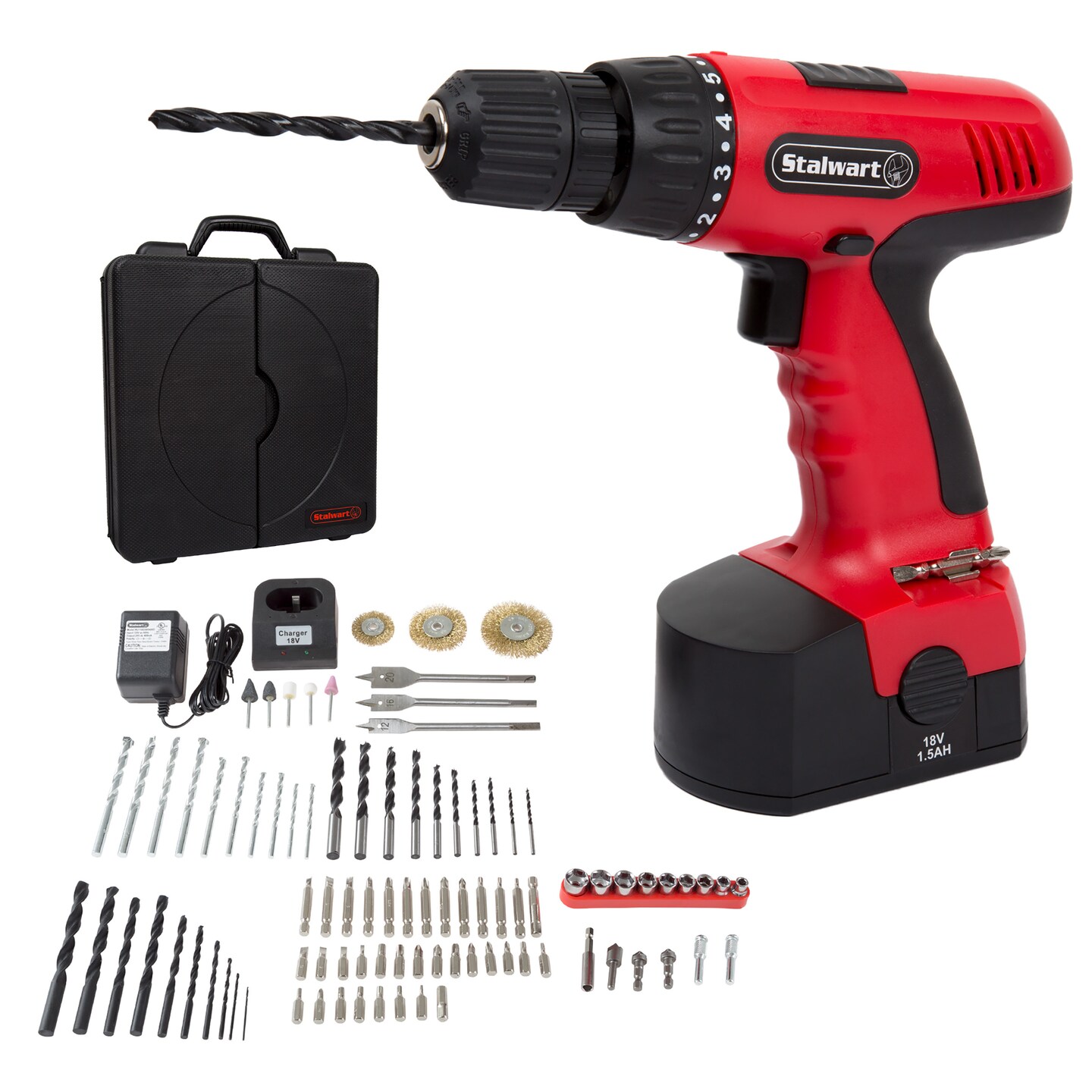 Stalwart 18V Cordless Drill Set 89Pc Keyless Chuck Rechargeable Power Tools