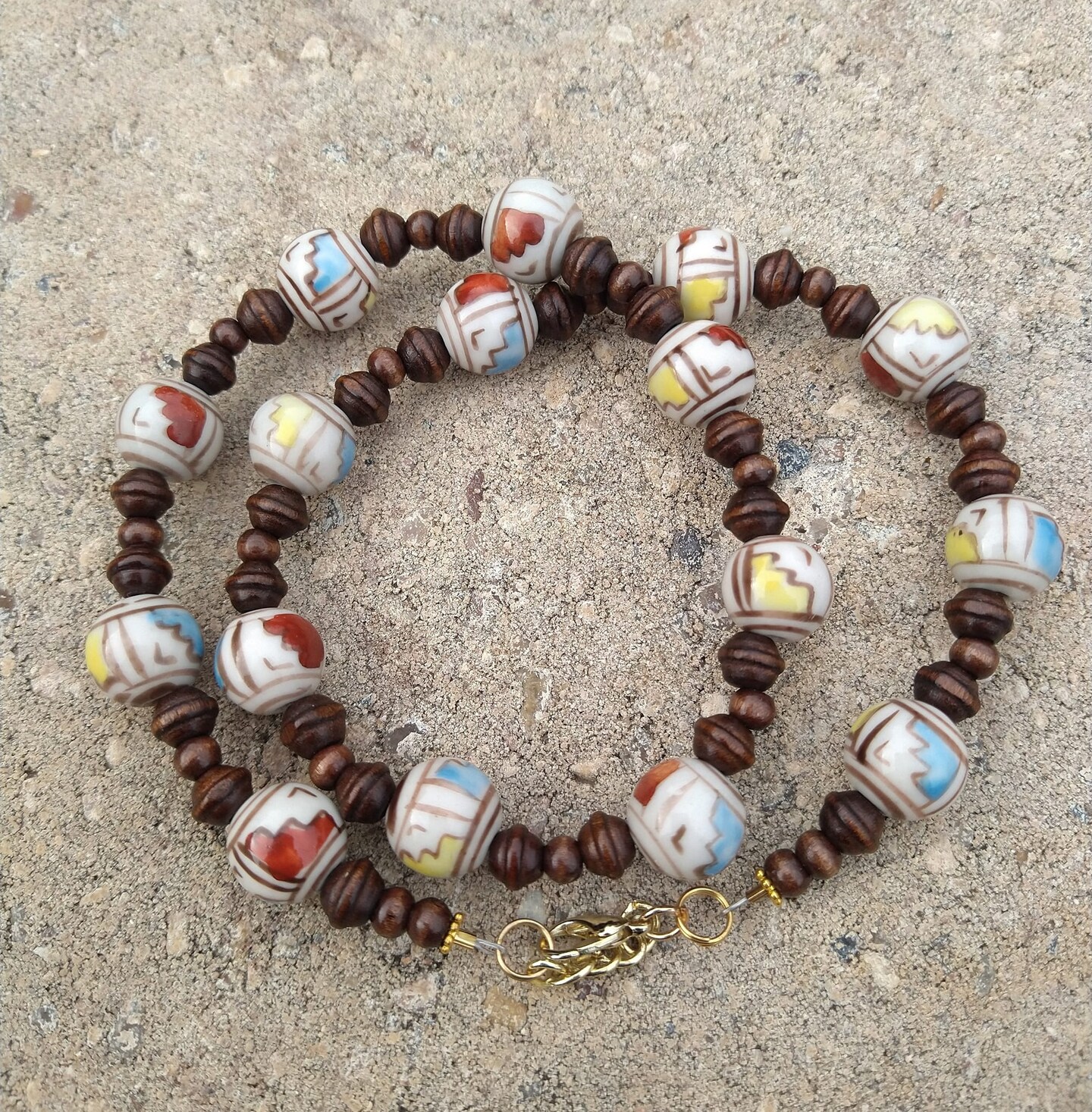 Earthy Natural Necklace for Men or Women Brown Wood Beads and Painted Ceramic Beads product 3
