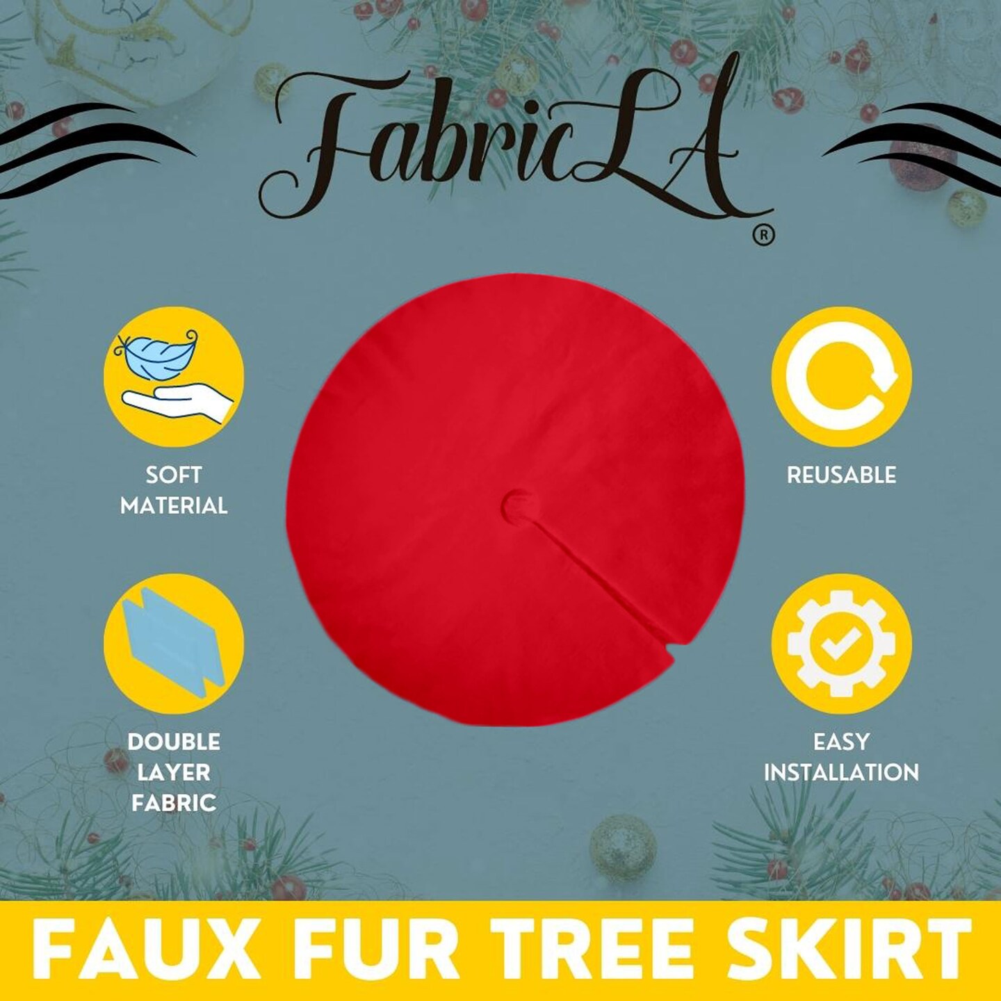 FabricLA 48&#x22; Red Faux Fur Christmas Tree Skirt - Fluffy Plush Tree Skirt (121cm) for Holiday Decorations