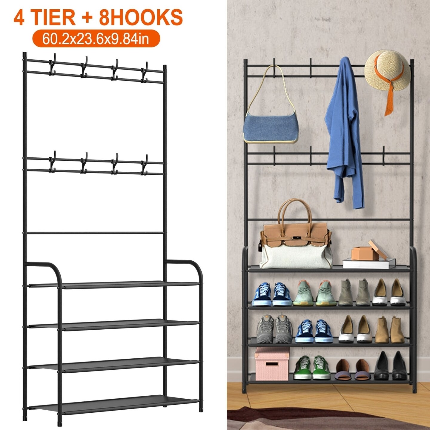 Black 5 Tier Shoe Rack Coat Hat Organizer Freestanding Hall Tree Storage Shelves