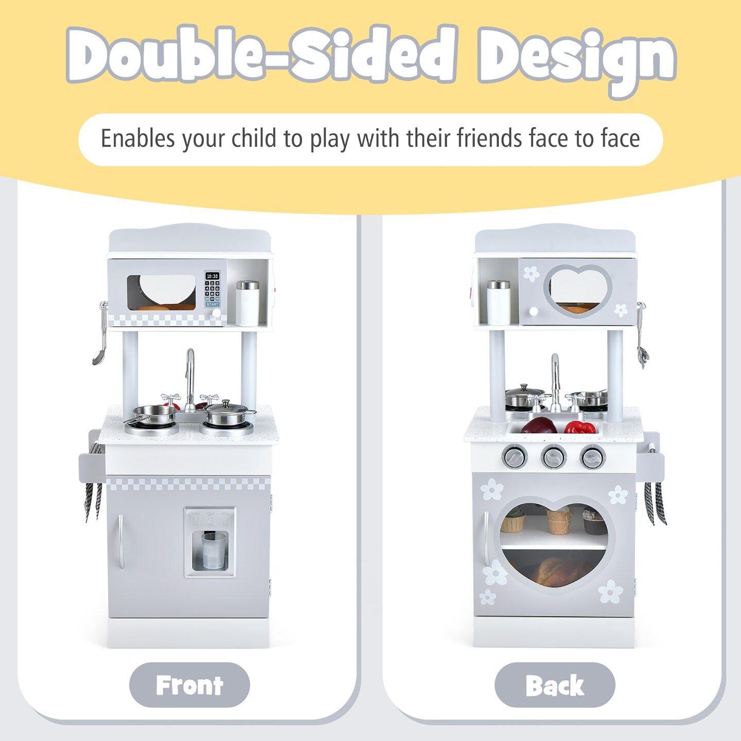 Costway Kids Kitchen PlaySet Pretend Wooden Play Kitchen with IceDispenser&#x26;Stovefor Toddler