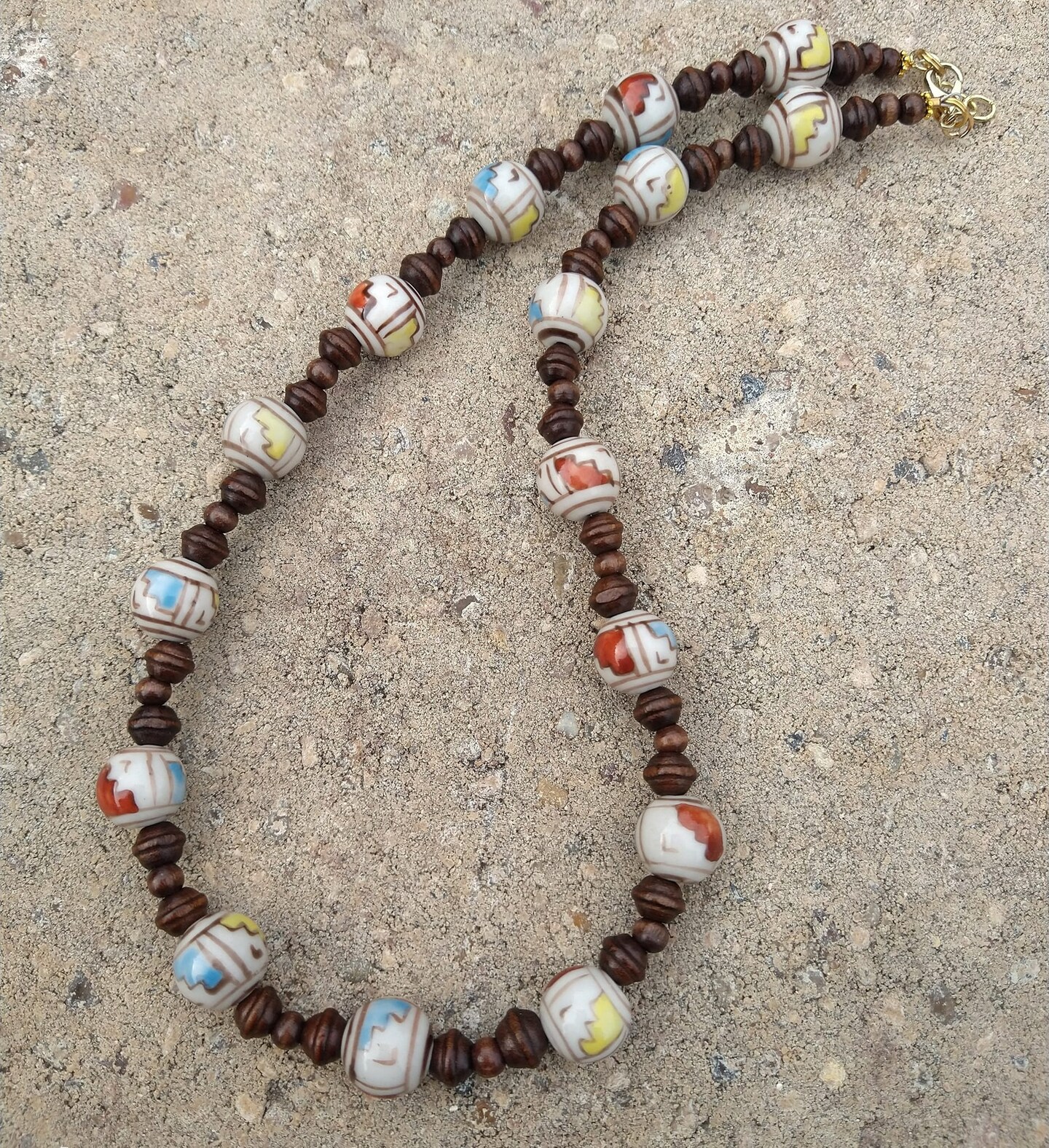 Earthy Natural Necklace for Men or Women Brown Wood Beads and Painted Ceramic Beads product 4