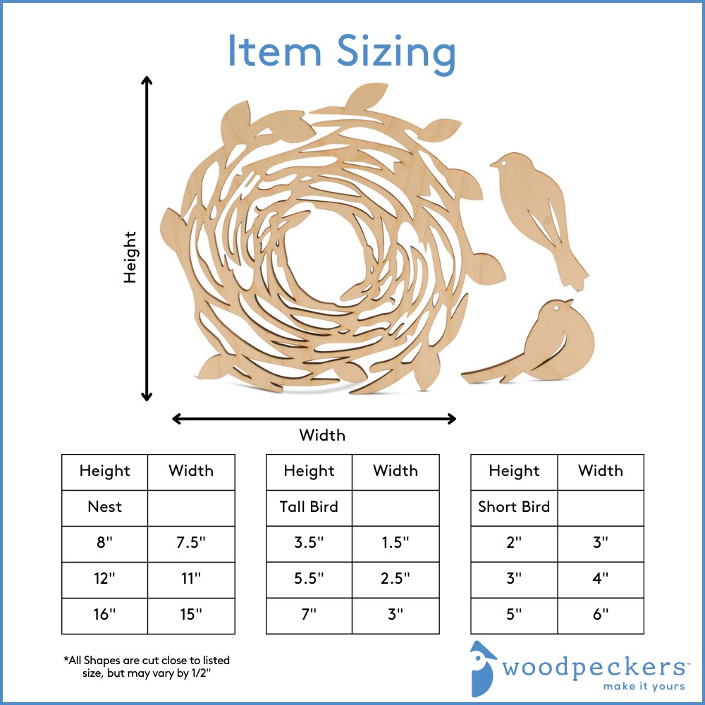 2 Wooden Birds & Nest Wood Cutout Kit 8"-12”, 1/8" Thick |Woodpeckers