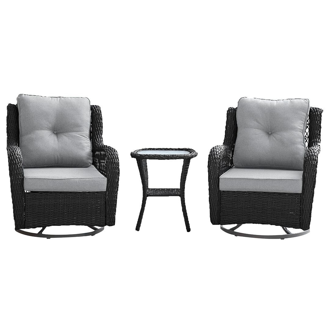 Manhattan Comfort Fruttuo Swivel Steel Rattan 3-Piece Patio Conversation Set with Cushions