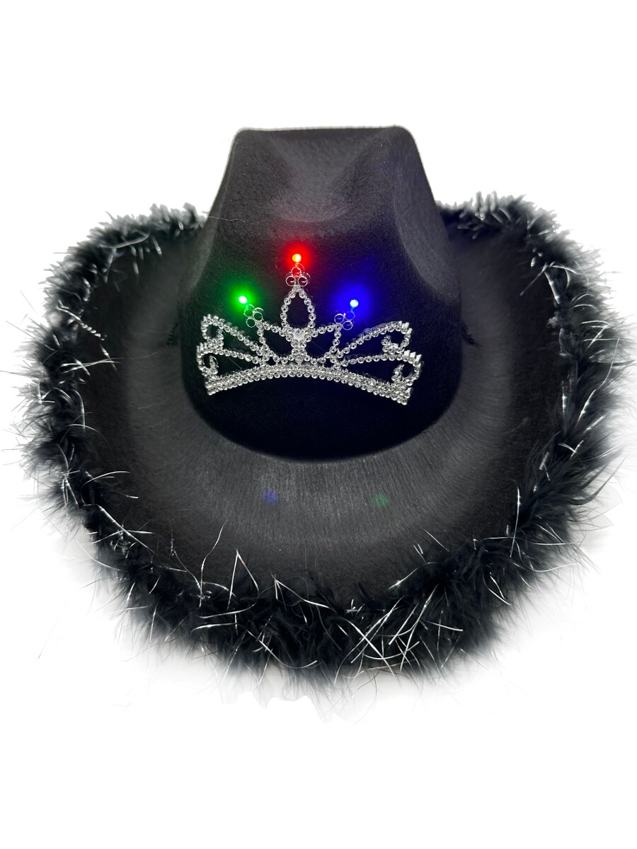 Adult&#x27;s Black Cowboy Hat With Light Up Tiara And Feather Trim
