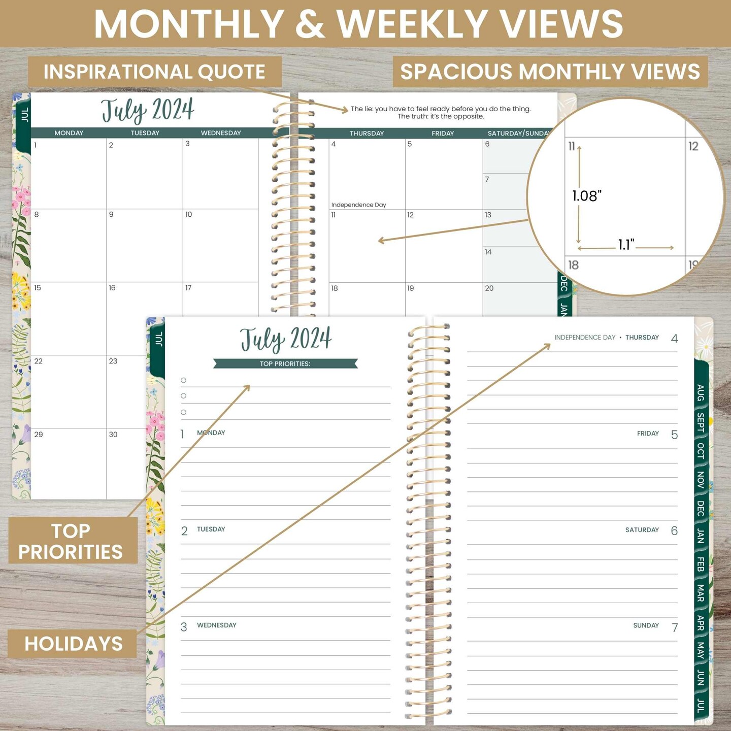 bloom daily planners 2024-25 Soft Cover Planner, 4&#x22; x 6&#x22;, Garden Party, Beige