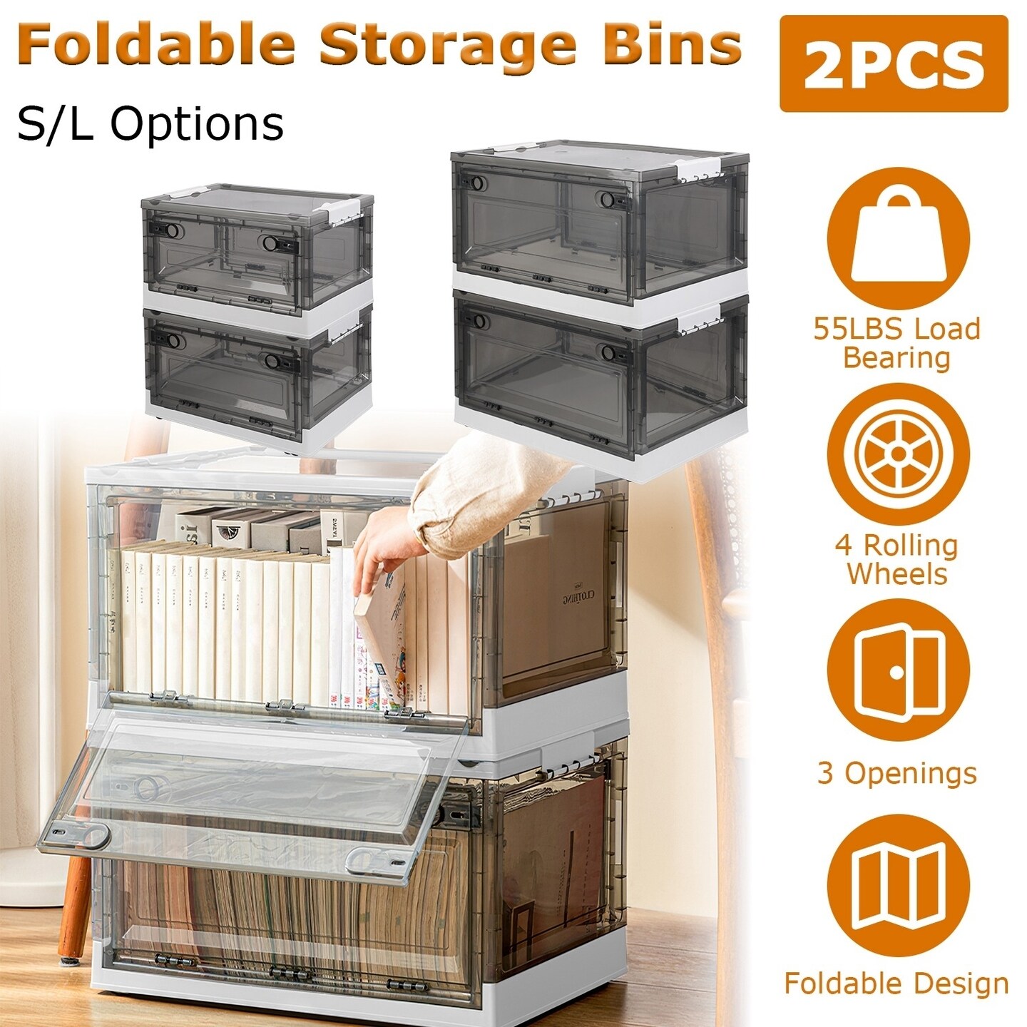 Global Phoenix 2 Packs Foldable Storage Bins Collapsible Storage Box Organizer Stackable Toy Container with Double Doors Top Lid