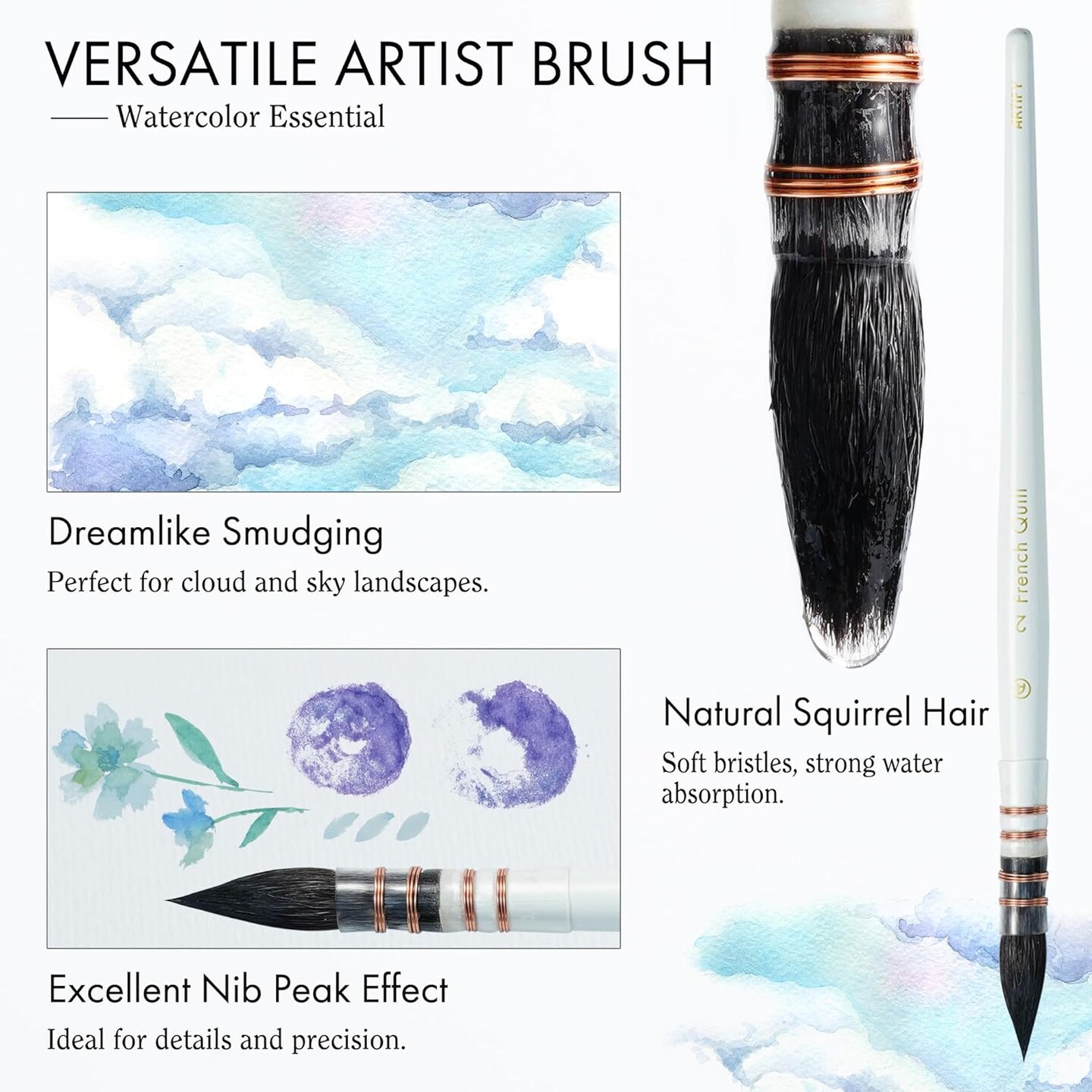 ARTIFY 9 PCS Floral Watercolor Brushes for Beginners & Pros | Artist Paint Brushes for Watercolor, Gouache & Acrylic | Round, Flat, Dagger, Cat’s Tongue, Detail Bruhes & Squirrel Hair Quill Brush