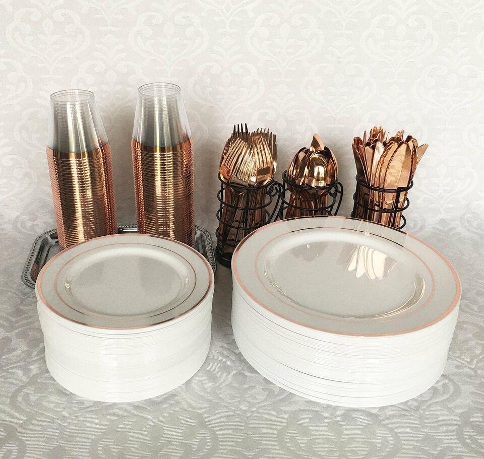 125 Piece Rose Gold Plastic Plates &#x26; Cutlery Set, Heavy Duty Disposable