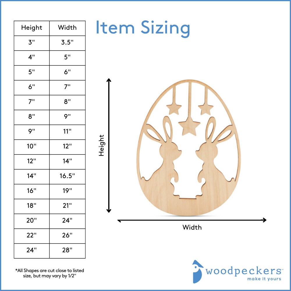 Wood Egg Cutout w/ Bunnies & Stars 3"-24”, 1/8" Thick |Woodpeckers